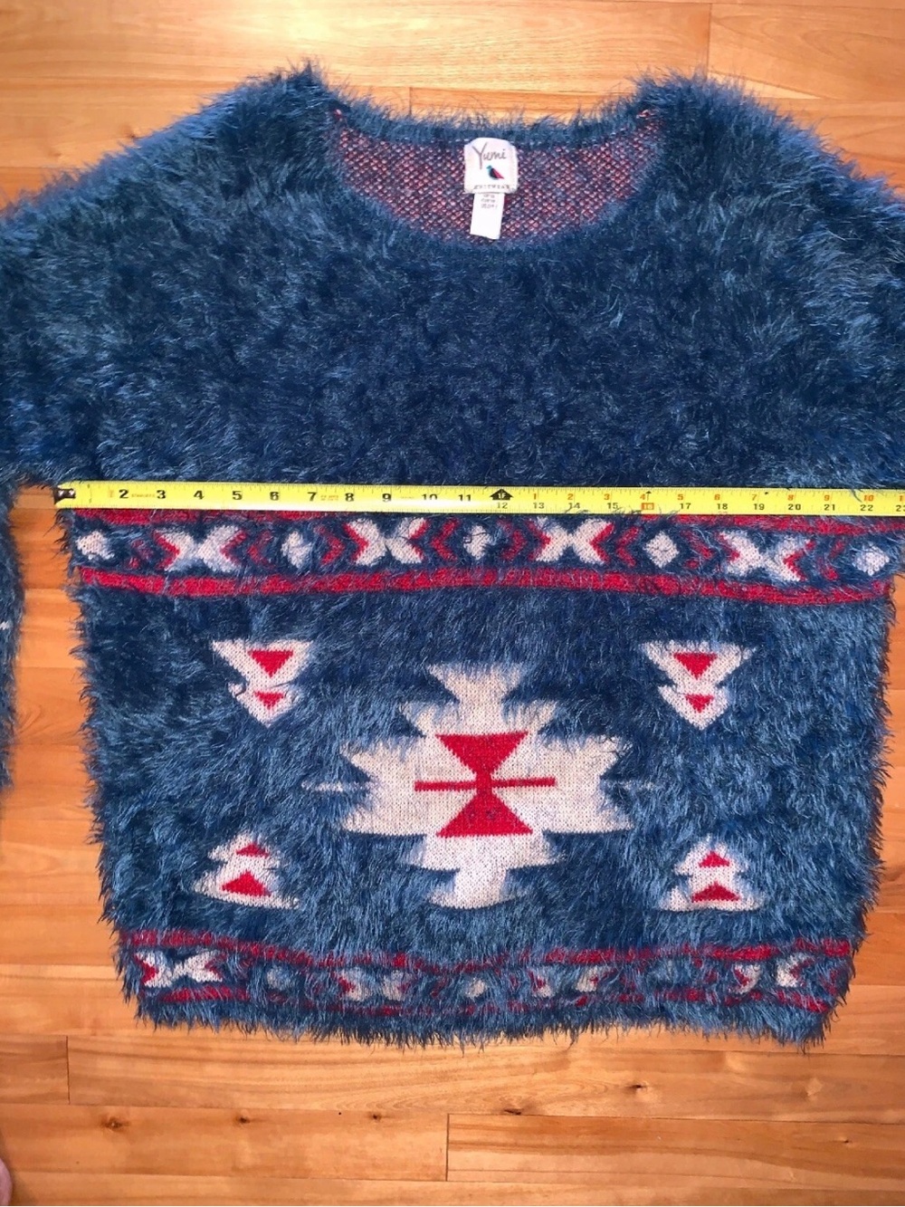 Yumi Fuzzy Aztec Southwestern Sweater Womens US 2/4 Blue Red Boho - Picture 8 of 10